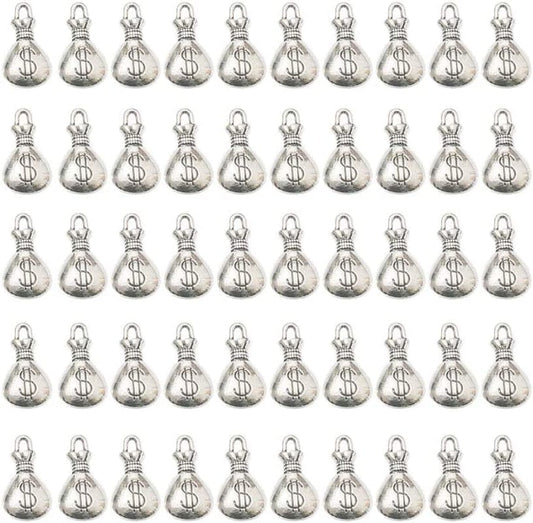 Mystart 100 Pieces Antique Silver Mini US Dollar Sign Money Bag Pendants Charms Craft Jewelry Accessories (1100#)
