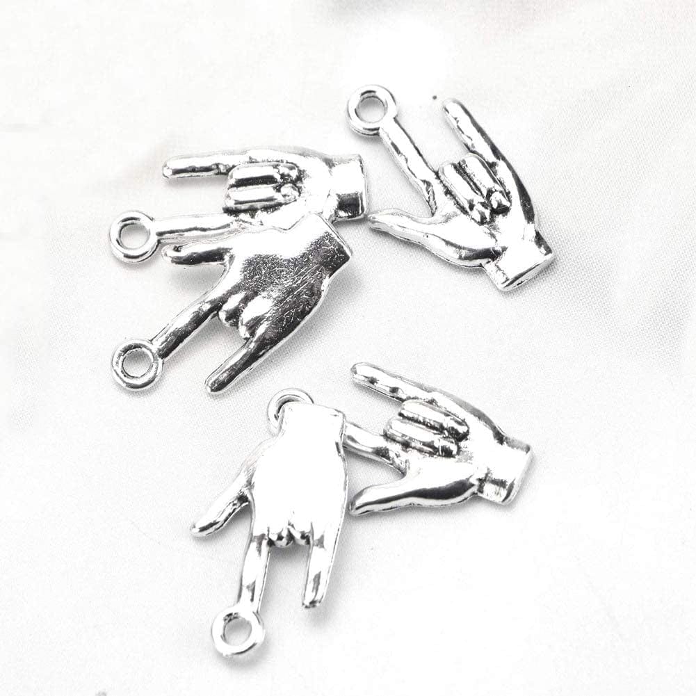 Mystart 50 Pieces 22 X 12 Mm Antique Silver Hand Pendant Non-Verbal I Love You Hand Sign Charms Pendants DIY Accessories (Silver)