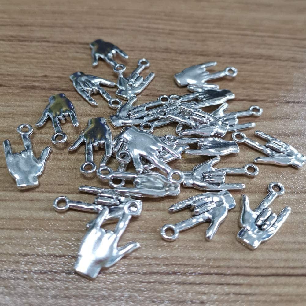 Mystart 50 Pieces 22 X 12 Mm Antique Silver Hand Pendant Non-Verbal I Love You Hand Sign Charms Pendants DIY Accessories (Silver)