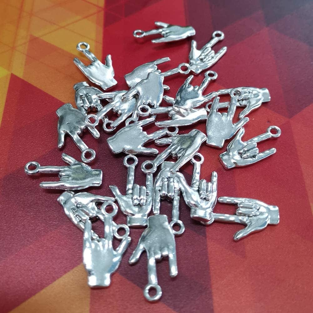 Mystart 50 Pieces 22 X 12 Mm Antique Silver Hand Pendant Non-Verbal I Love You Hand Sign Charms Pendants DIY Accessories (Silver)