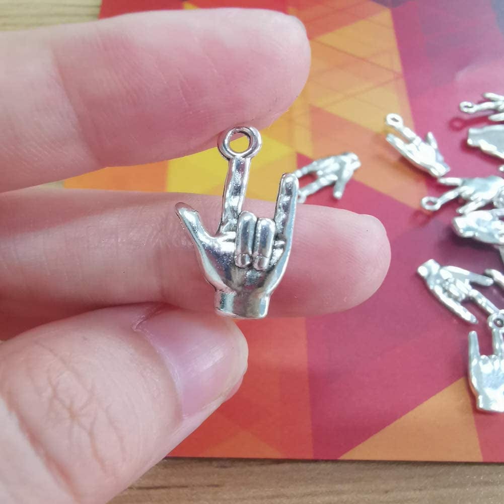 Mystart 50 Pieces 22 X 12 Mm Antique Silver Hand Pendant Non-Verbal I Love You Hand Sign Charms Pendants DIY Accessories (Silver)
