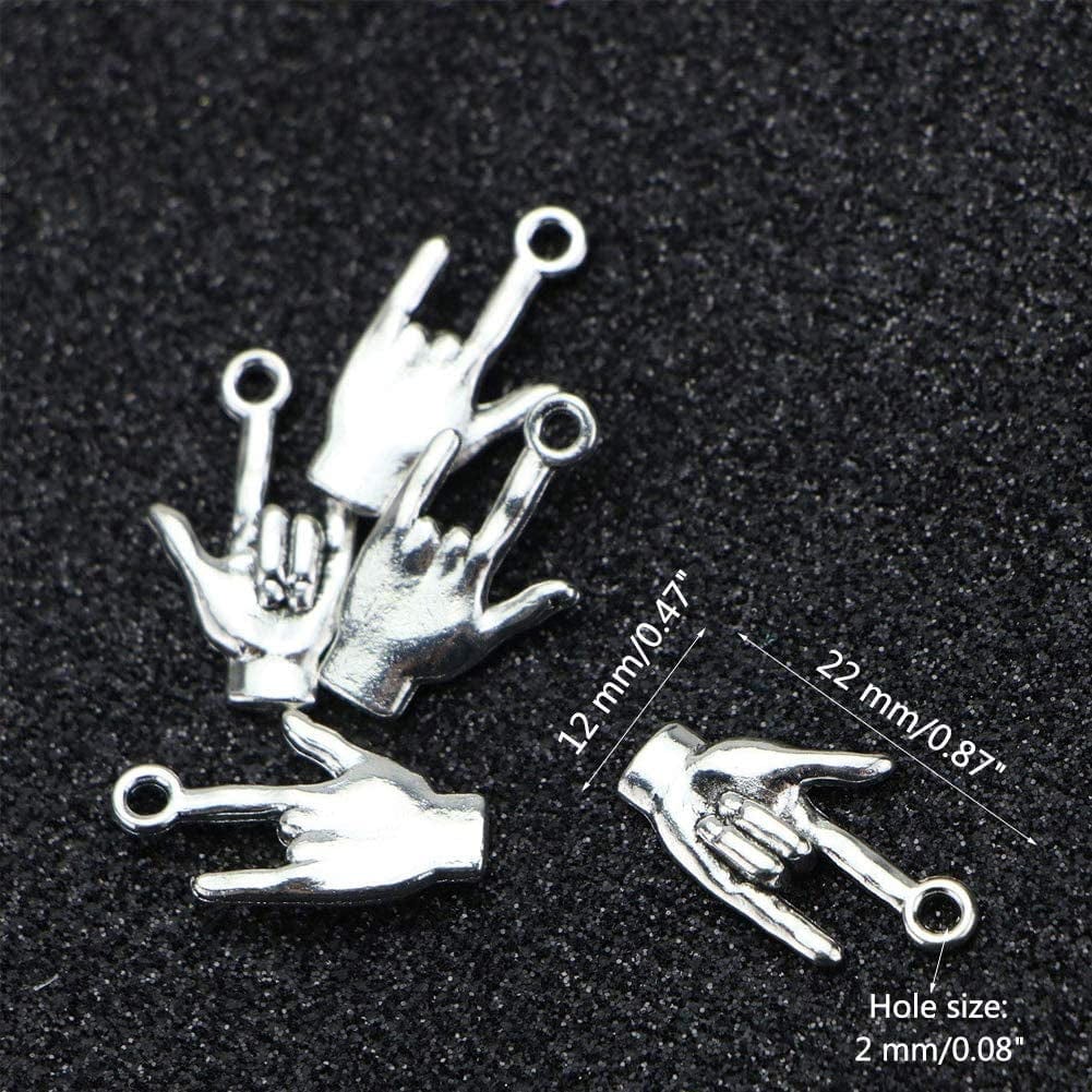 Mystart 50 Pieces 22 X 12 Mm Antique Silver Hand Pendant Non-Verbal I Love You Hand Sign Charms Pendants DIY Accessories (Silver)