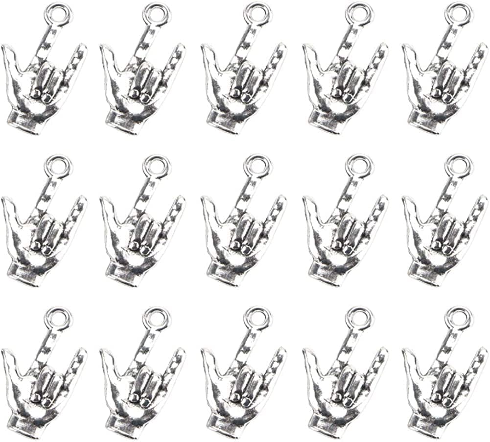 Mystart 50 Pieces 22 X 12 Mm Antique Silver Hand Pendant Non-Verbal I Love You Hand Sign Charms Pendants DIY Accessories (Silver)