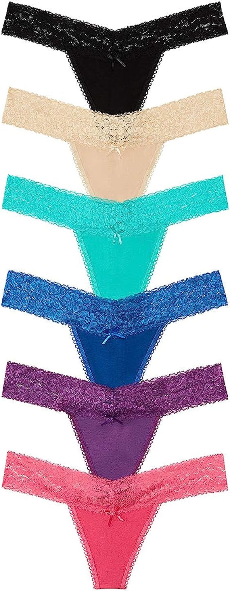Nabtos Cotton Thong Lace Trim for Womens G String Underwear Black Multi Color Panties Pack of 6 Colorful / Medium