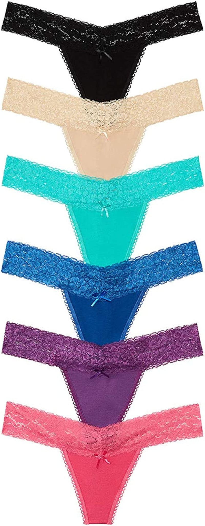 Nabtos Cotton Thong Lace Trim for Womens G String Underwear Black Multi Color Panties Pack of 6 Colorful / Small