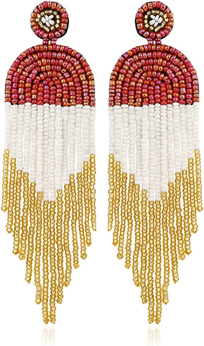Native Beaded Earrings for Women Colorful Beaded Dangle Earrings Boho Rattan Tassel Earrings Beaded Hoop Earring Bohemian Statement Beaded Dangle Drop Earrings Gifts for Girls tassel red