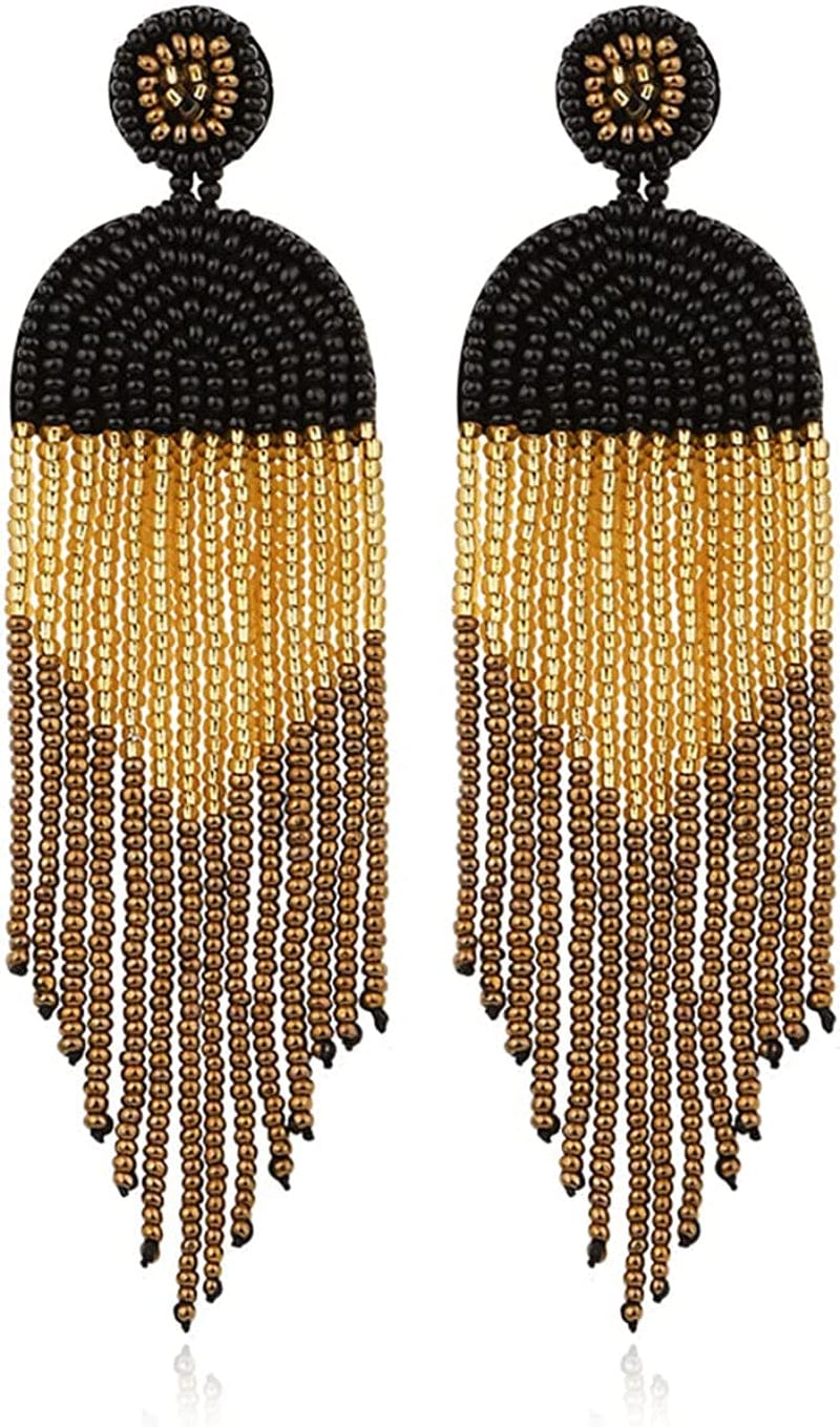 Native Beaded Earrings for Women Colorful Beaded Dangle Earrings Boho Rattan Tassel Earrings Beaded Hoop Earring Bohemian Statement Beaded Dangle Drop Earrings Gifts for Girls tassel black