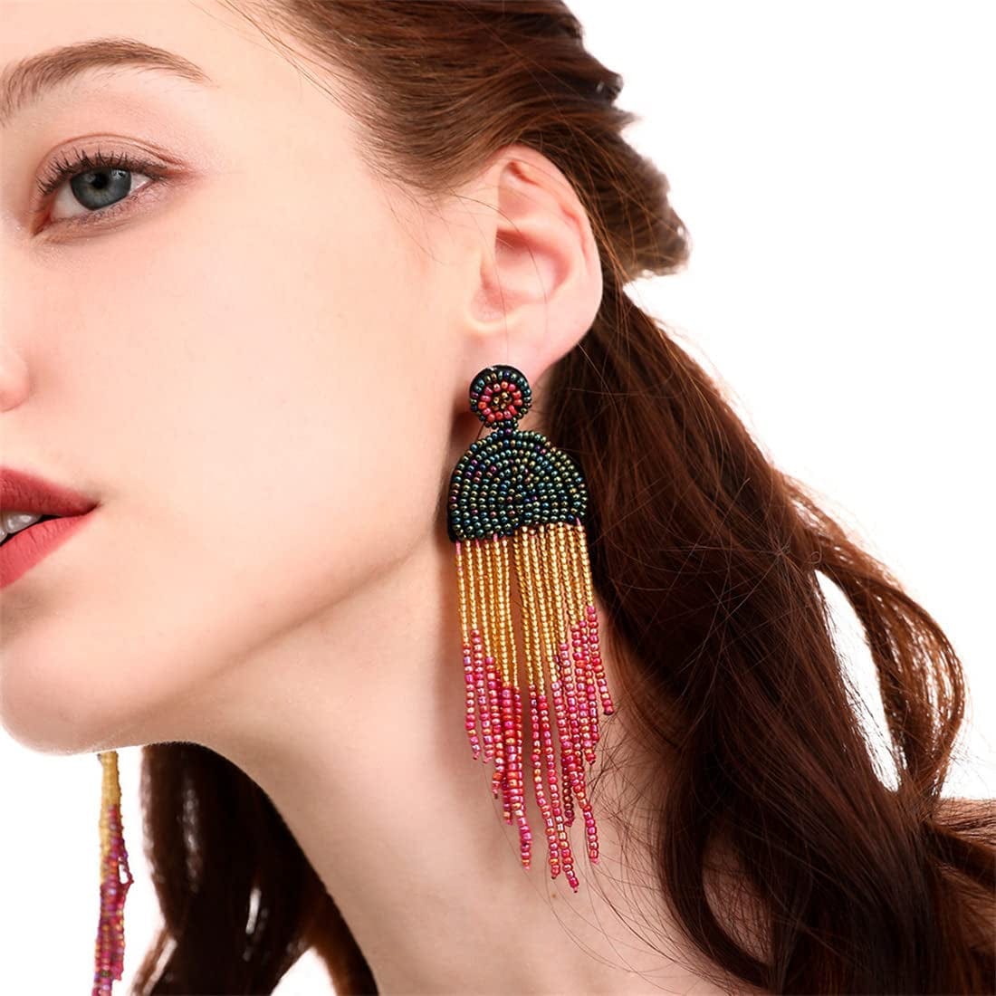 Native Beaded Earrings for Women Colorful Beaded Dangle Earrings Boho Rattan Tassel Earrings Beaded Hoop Earring Bohemian Statement Beaded Dangle Drop Earrings Gifts for Girls