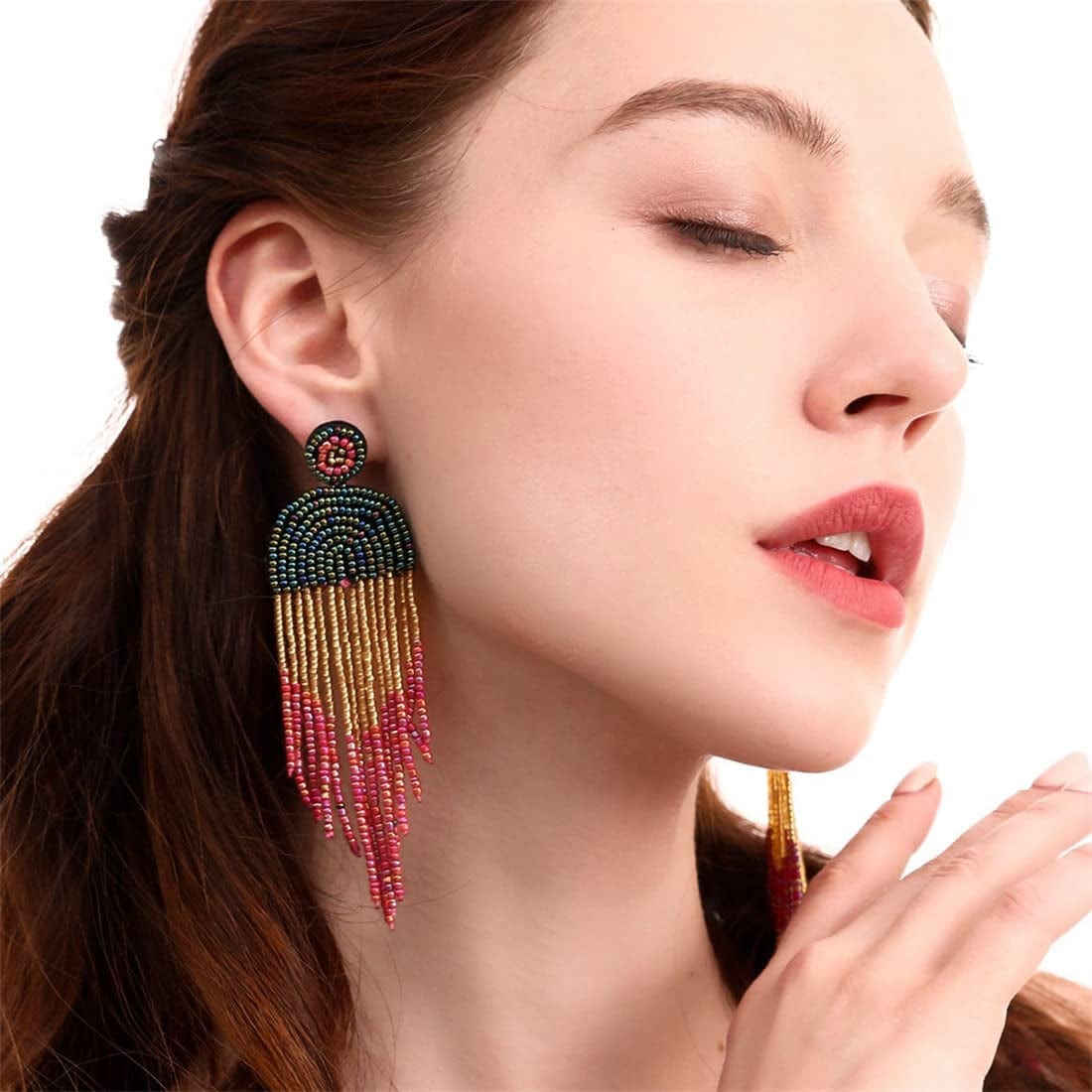 Native Beaded Earrings for Women Colorful Beaded Dangle Earrings Boho Rattan Tassel Earrings Beaded Hoop Earring Bohemian Statement Beaded Dangle Drop Earrings Gifts for Girls
