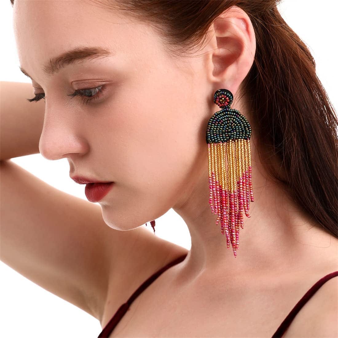 Native Beaded Earrings for Women Colorful Beaded Dangle Earrings Boho Rattan Tassel Earrings Beaded Hoop Earring Bohemian Statement Beaded Dangle Drop Earrings Gifts for Girls