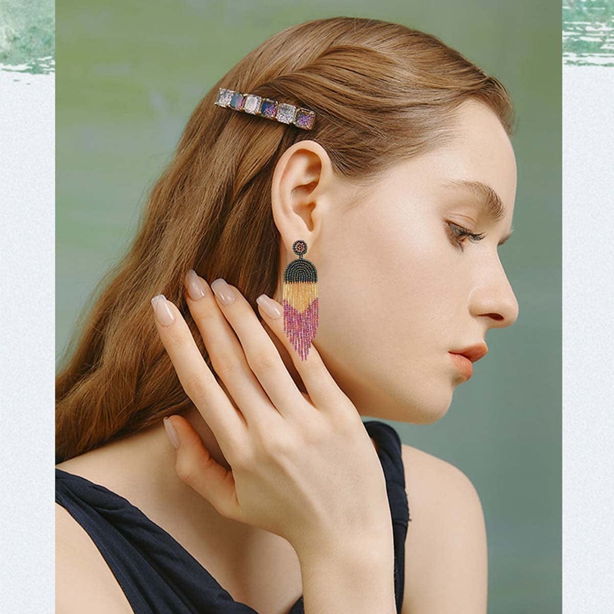 Native Beaded Earrings for Women Colorful Beaded Dangle Earrings Boho Rattan Tassel Earrings Beaded Hoop Earring Bohemian Statement Beaded Dangle Drop Earrings Gifts for Girls