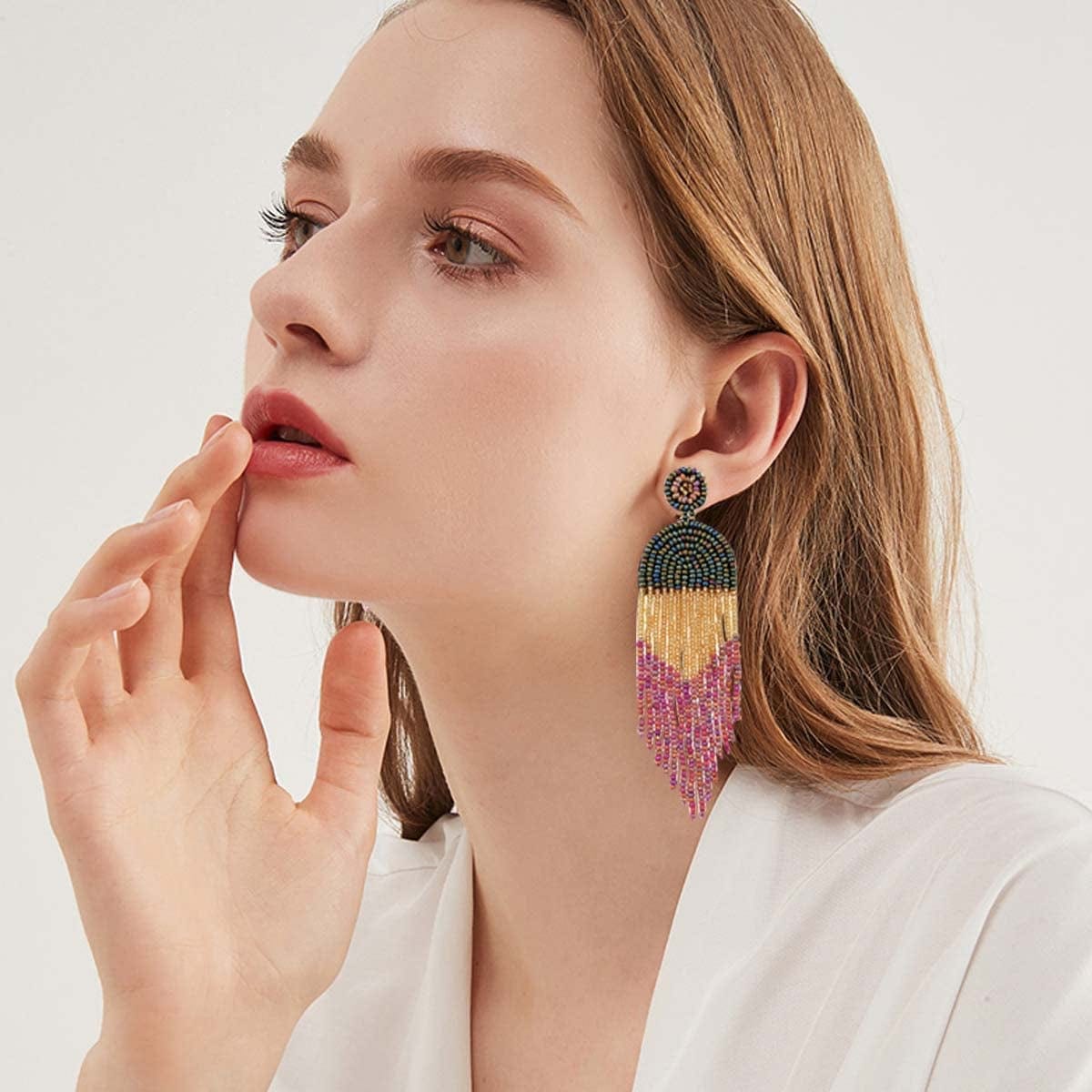Native Beaded Earrings for Women Colorful Beaded Dangle Earrings Boho Rattan Tassel Earrings Beaded Hoop Earring Bohemian Statement Beaded Dangle Drop Earrings Gifts for Girls