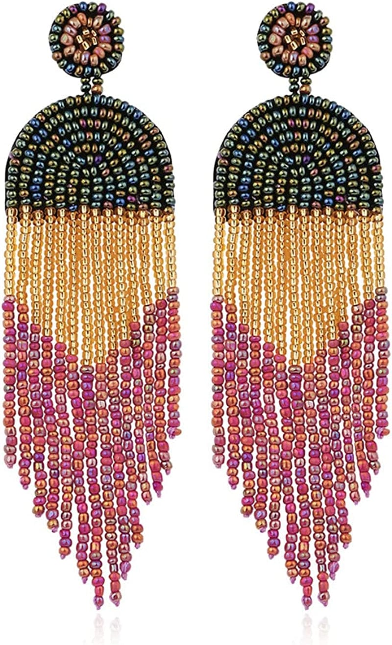 Native Beaded Earrings for Women Colorful Beaded Dangle Earrings Boho Rattan Tassel Earrings Beaded Hoop Earring Bohemian Statement Beaded Dangle Drop Earrings Gifts for Girls tassle