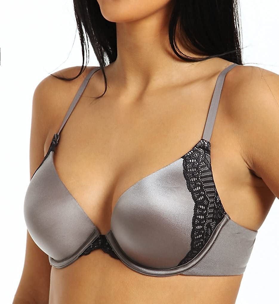 Natural Boost Demi Bra, Push-Up Lace T-Shirt Bra with Convertible Straps, Add-One-Cup-Size Push-Up T-Shirt Bra Steel Grey/Black / 36D
