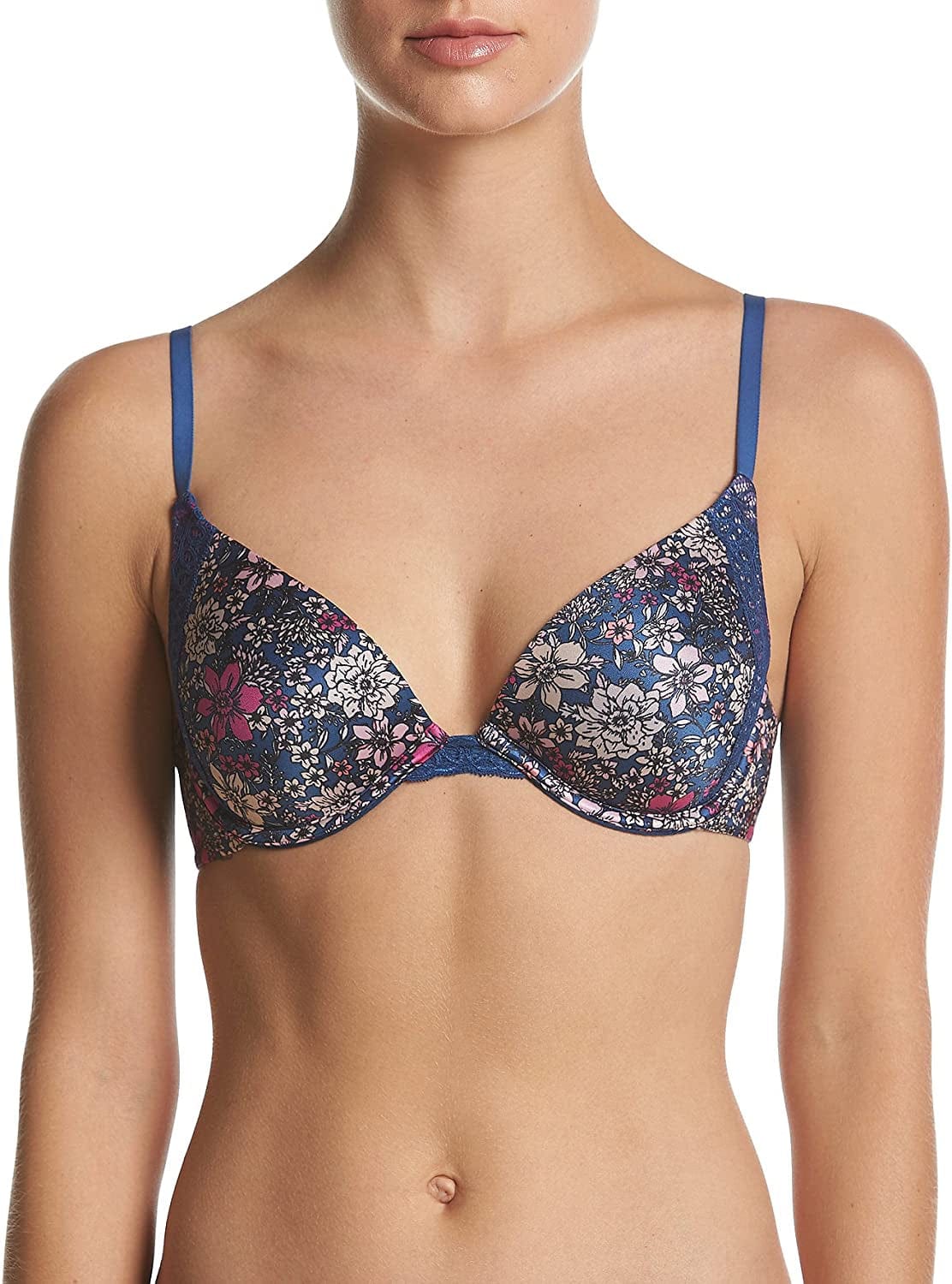 Natural Boost Demi Bra, Push-Up Lace T-Shirt Bra with Convertible Straps, Add-One-Cup-Size Push-Up T-Shirt Bra Fancyfloral Print-navy Eclipse / 38C