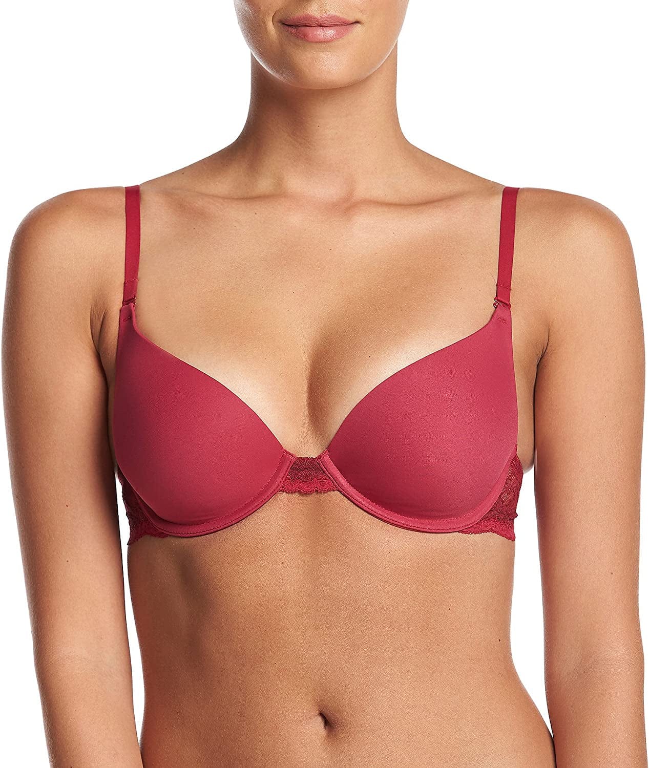 Natural Boost Demi Bra, Push-Up Lace T-Shirt Bra with Convertible Straps, Add-One-Cup-Size Push-Up T-Shirt Bra Armature Red/Romance Red / 38C