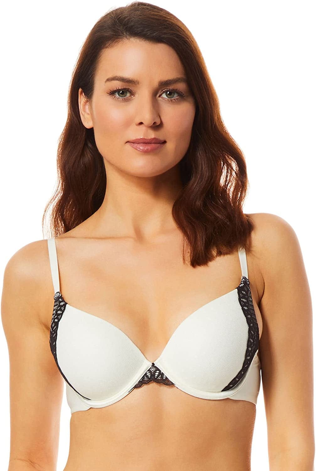 Natural Boost Demi Bra, Push-Up Lace T-Shirt Bra with Convertible Straps, Add-One-Cup-Size Push-Up T-Shirt Bra Ivory/Black Combo / 38D