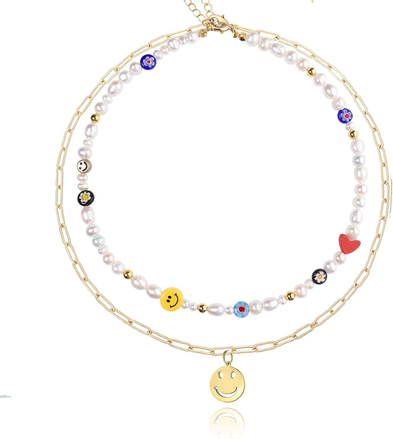 Natural Freshwater Pearl "Fun Flirty" Beaded Choker Necklace Handmade Summer Boho Jewlery Gifts for Women Teen Girls B - Smily Face Layered Necklace