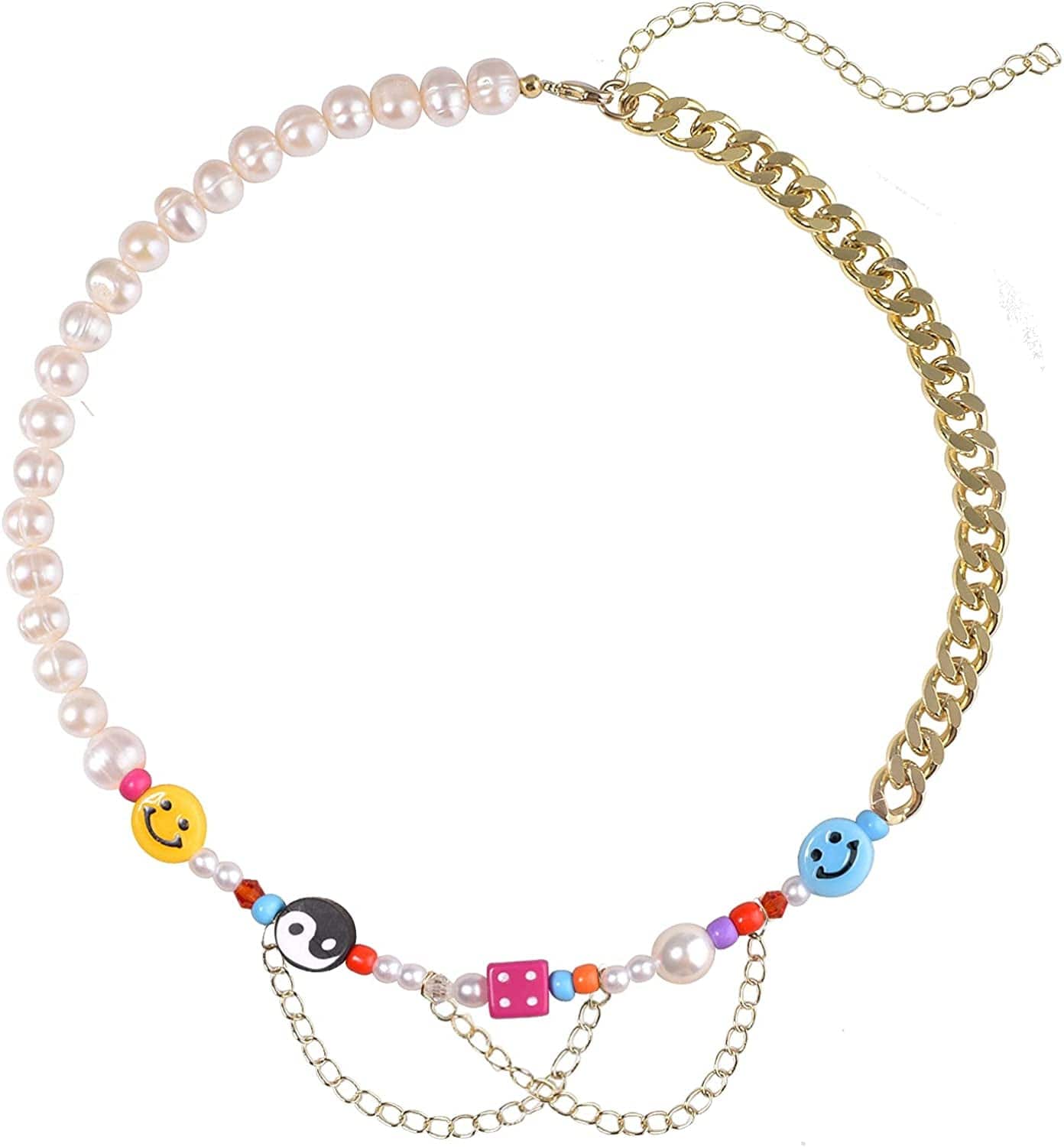 Natural Freshwater Pearl "Fun Flirty" Beaded Choker Necklace Handmade Summer Boho Jewlery Gifts for Women Teen Girls M - Happy Go Lucky - Pink