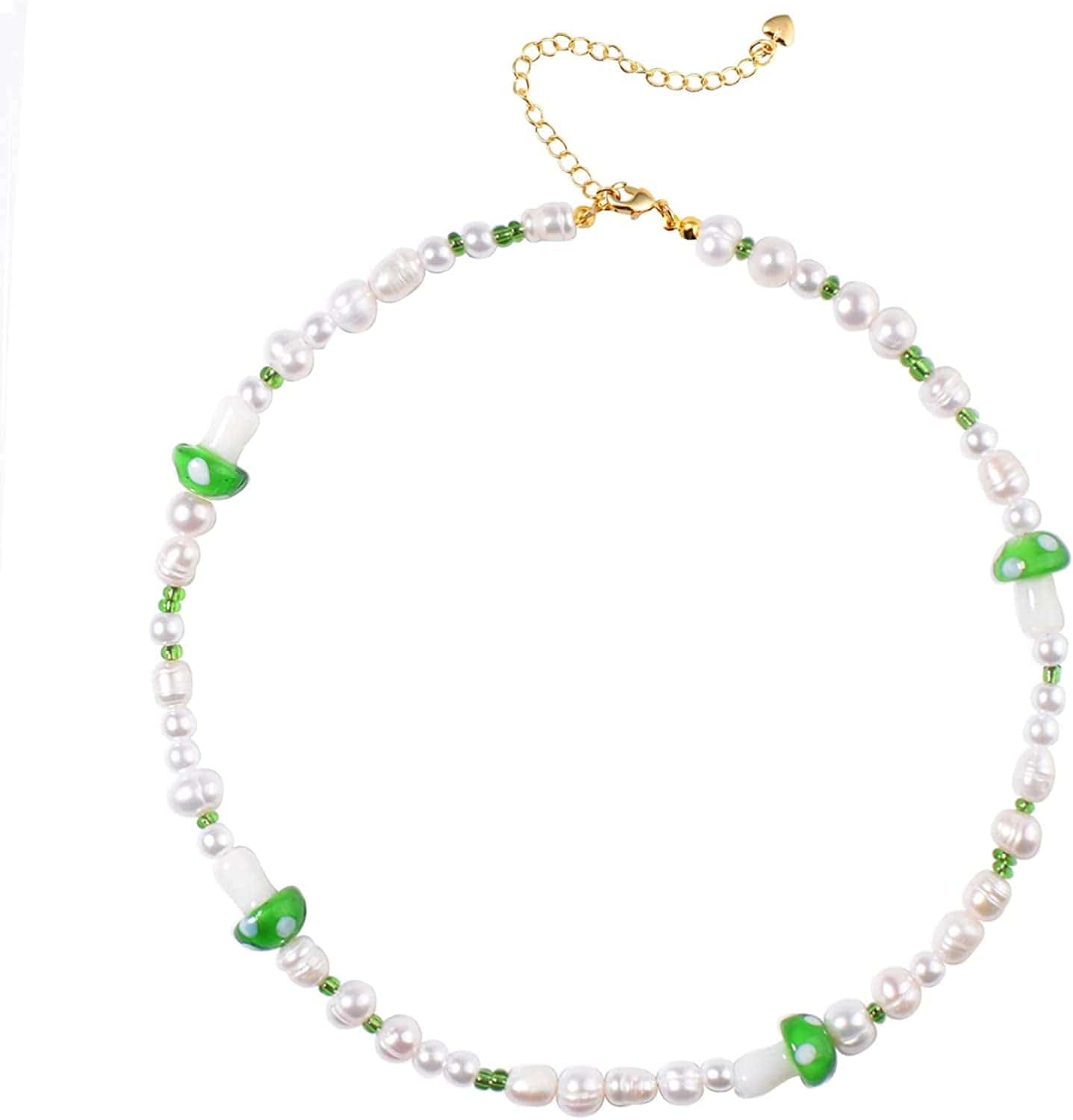 Natural Freshwater Pearl "Fun Flirty" Beaded Choker Necklace Handmade Summer Boho Jewlery Gifts for Women Teen Girls I - Green Mushroom Necklace