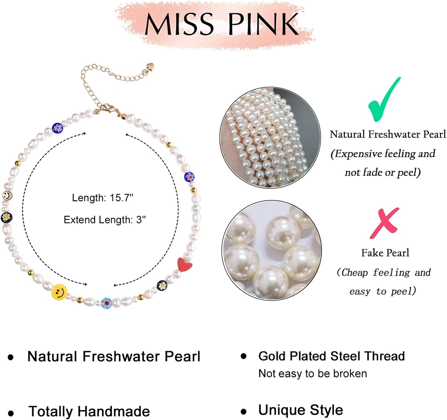 Natural Freshwater Pearl "Fun Flirty" Beaded Choker Necklace Handmade Summer Boho Jewlery Gifts for Women Teen Girls