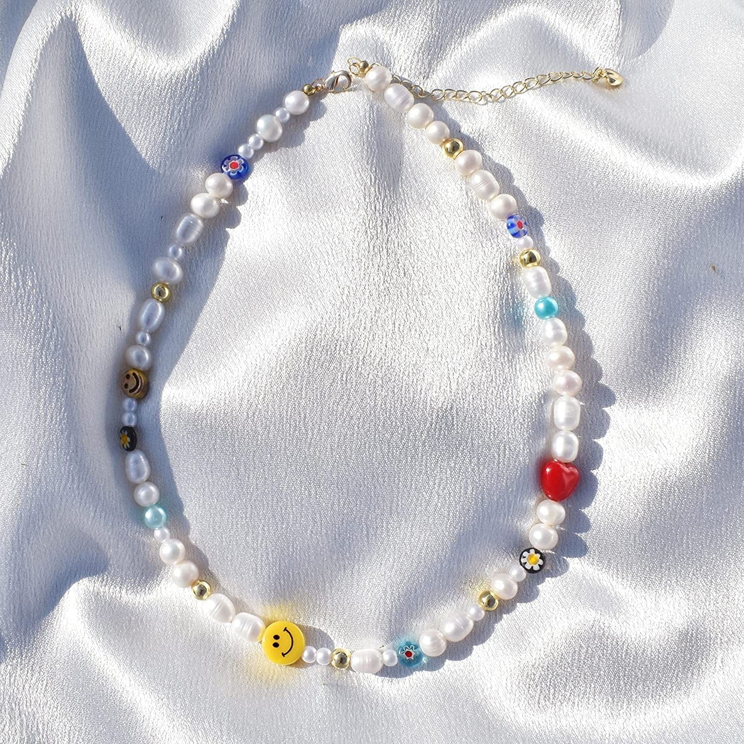 Natural Freshwater Pearl "Fun Flirty" Beaded Choker Necklace Handmade Summer Boho Jewlery Gifts for Women Teen Girls