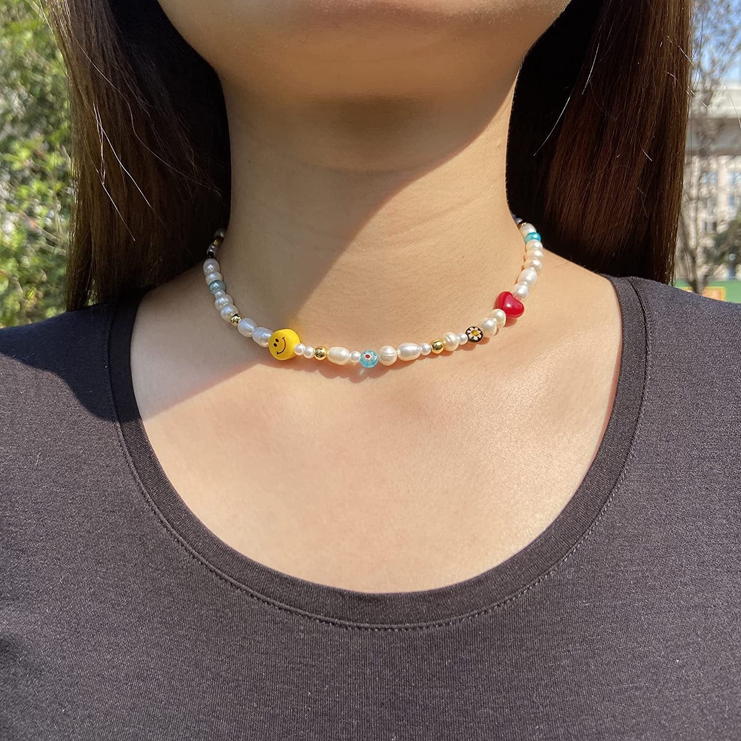 Natural Freshwater Pearl "Fun Flirty" Beaded Choker Necklace Handmade Summer Boho Jewlery Gifts for Women Teen Girls