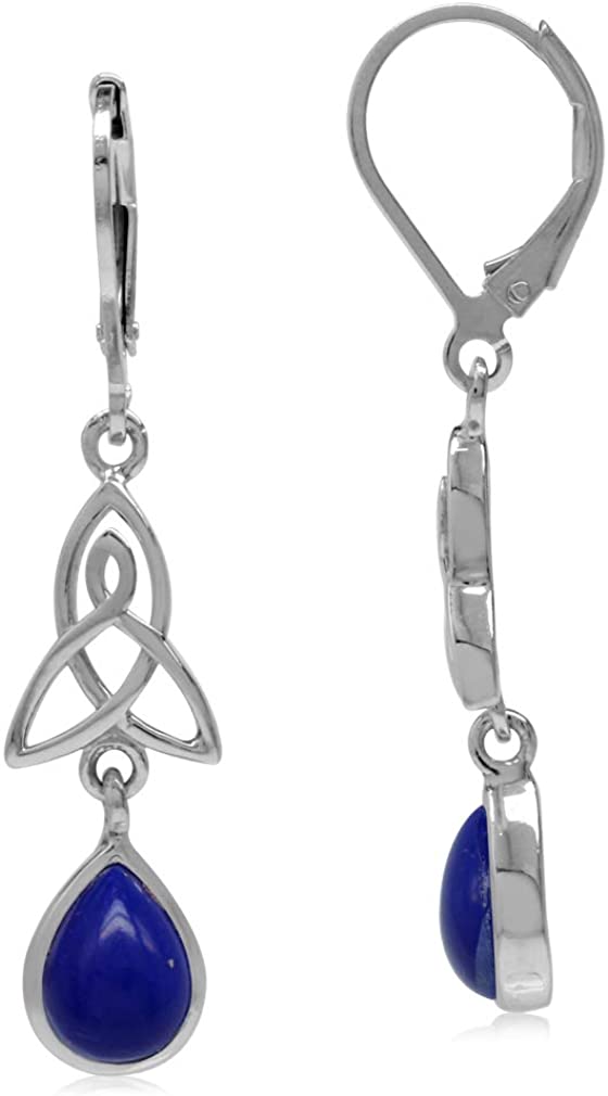Natural or Created Pear Shape Stones 925 Sterling Silver Triquetra Celtic Knot Drop Dangle Leverback Earrings Jewelry for Women created blue lapis