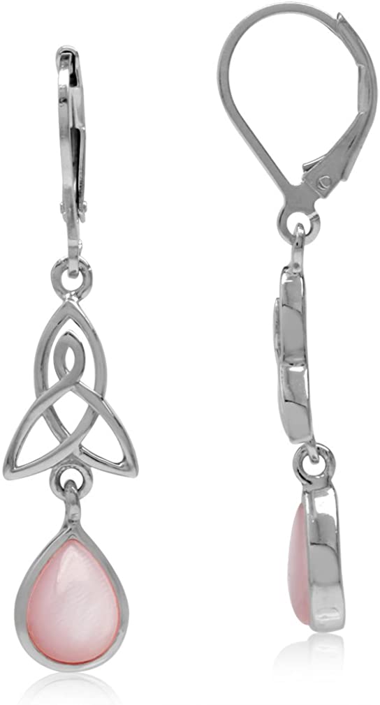 Natural or Created Pear Shape Stones 925 Sterling Silver Triquetra Celtic Knot Drop Dangle Leverback Earrings Jewelry for Women pink mother of pearl