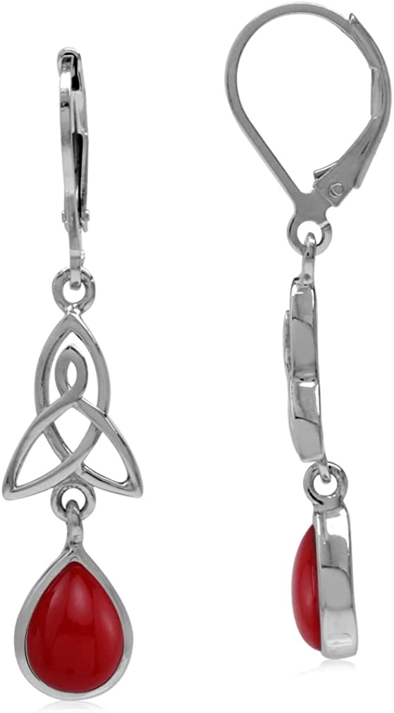 Natural or Created Pear Shape Stones 925 Sterling Silver Triquetra Celtic Knot Drop Dangle Leverback Earrings Jewelry for Women created red coral