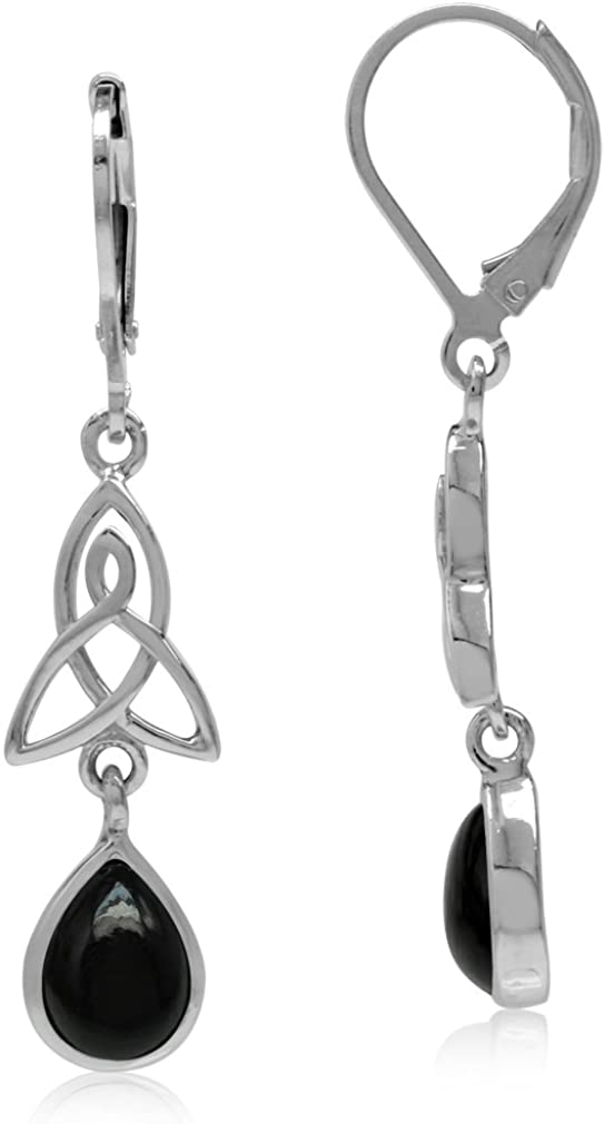 Natural or Created Pear Shape Stones 925 Sterling Silver Triquetra Celtic Knot Drop Dangle Leverback Earrings Jewelry for Women genuine black onyx