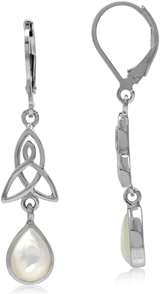 Natural or Created Pear Shape Stones 925 Sterling Silver Triquetra Celtic Knot Drop Dangle Leverback Earrings Jewelry for Women white mother of pearl