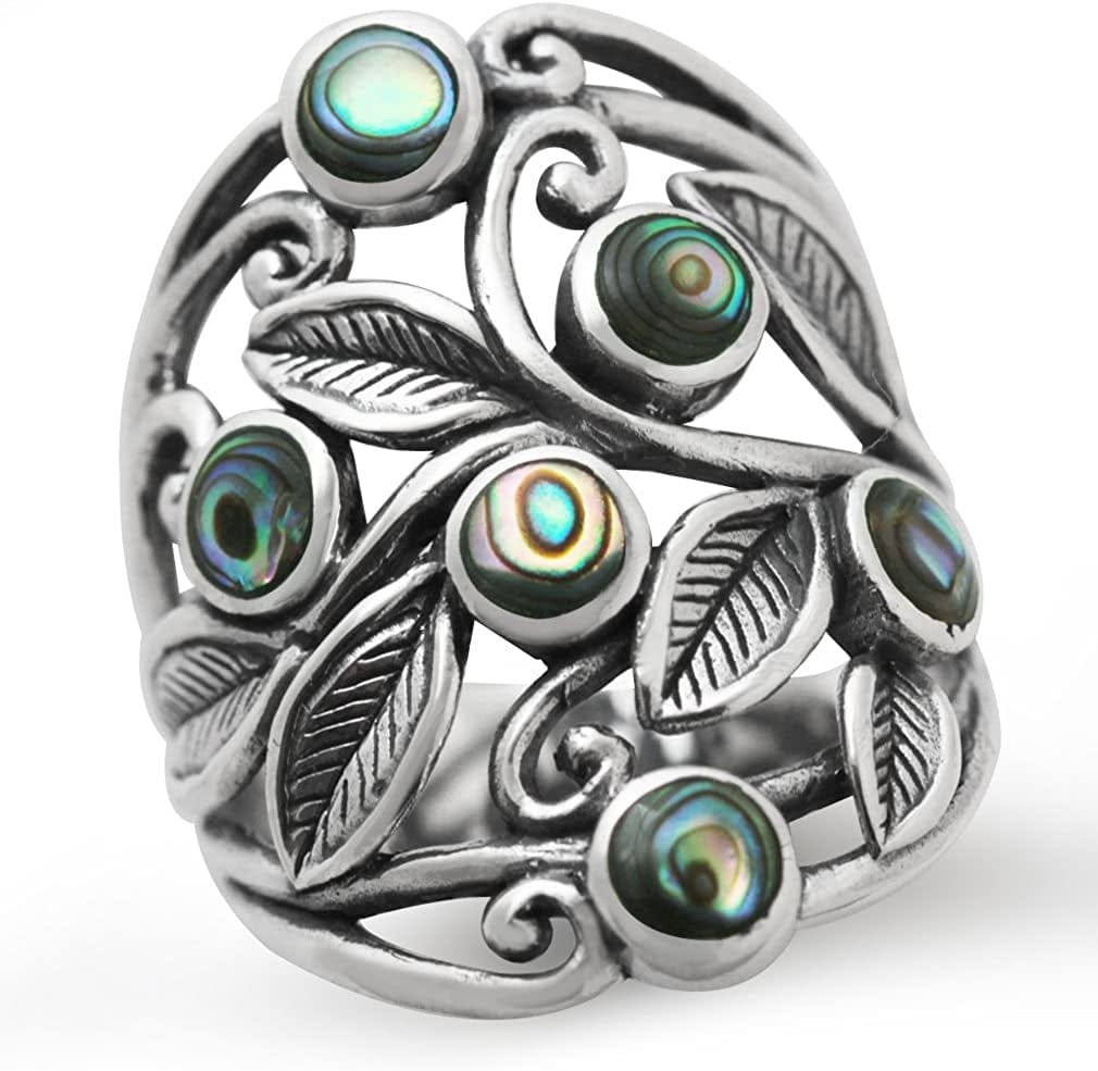 Natural or Created Stones 925 Sterling Silver Unique Filigree Leaf Ring Right Hand Jewelry for Women 10.5 / abalone paua shell