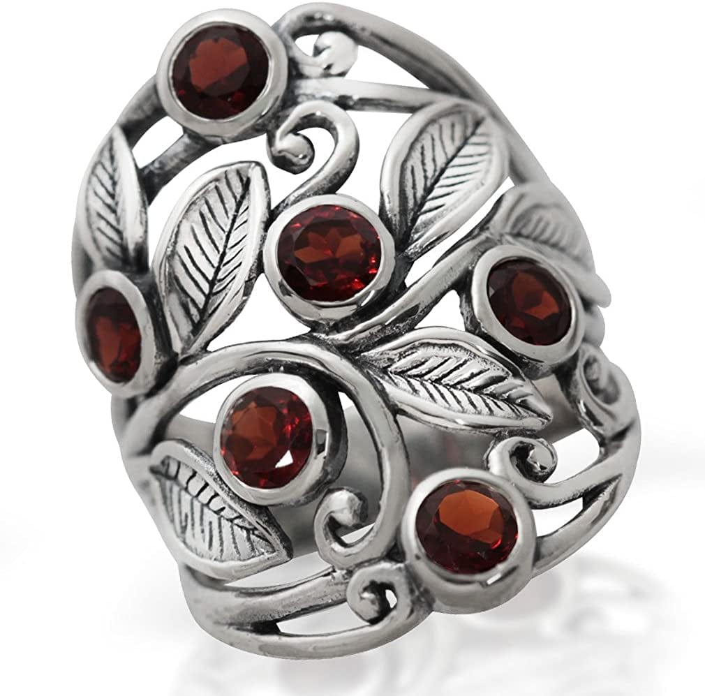 Natural or Created Stones 925 Sterling Silver Unique Filigree Leaf Ring Right Hand Jewelry for Women 10.5 / natural red garnet