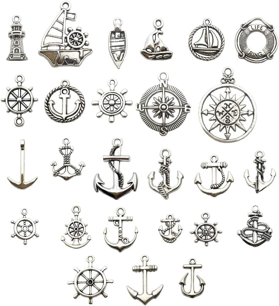 Nautical Charm Collection-50 Pcs Craft Supplies Nautical Ship Wheel Anchor Lig Charms Pendants for Crafting, Jewelry Findings Making Accessory for DIY Necklace Bracelet (M066) Nautical Charms