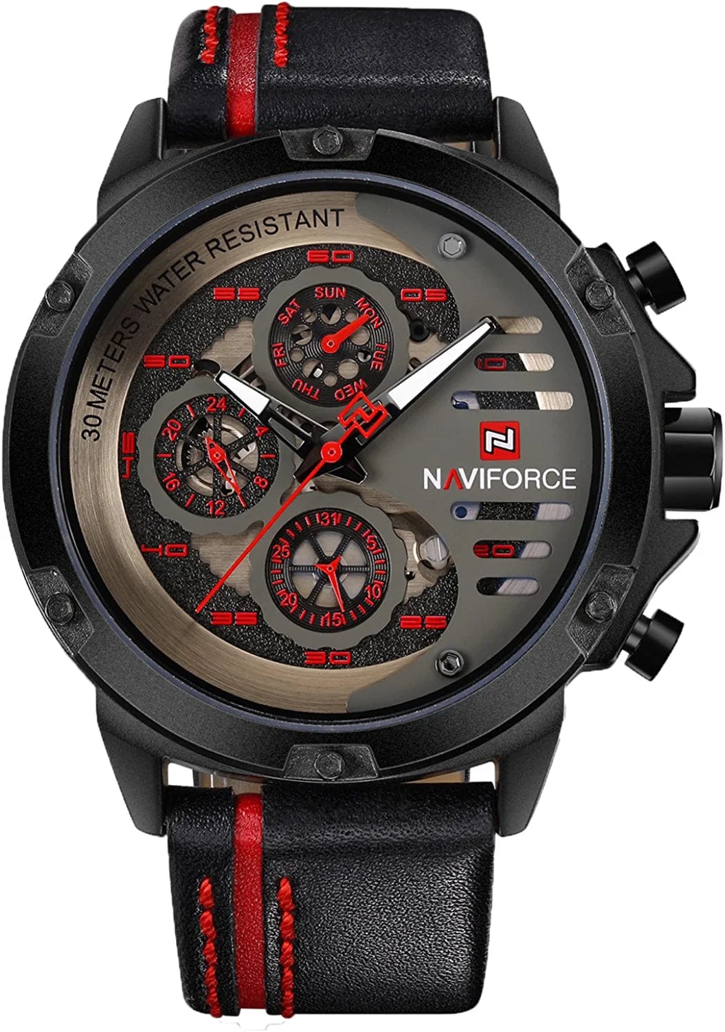 NAVIFORCE Sport Military Watches for Men Waterproof Watch Analog Quartz Leather Band Date Calendar Clock Wristwatch black+Red+black