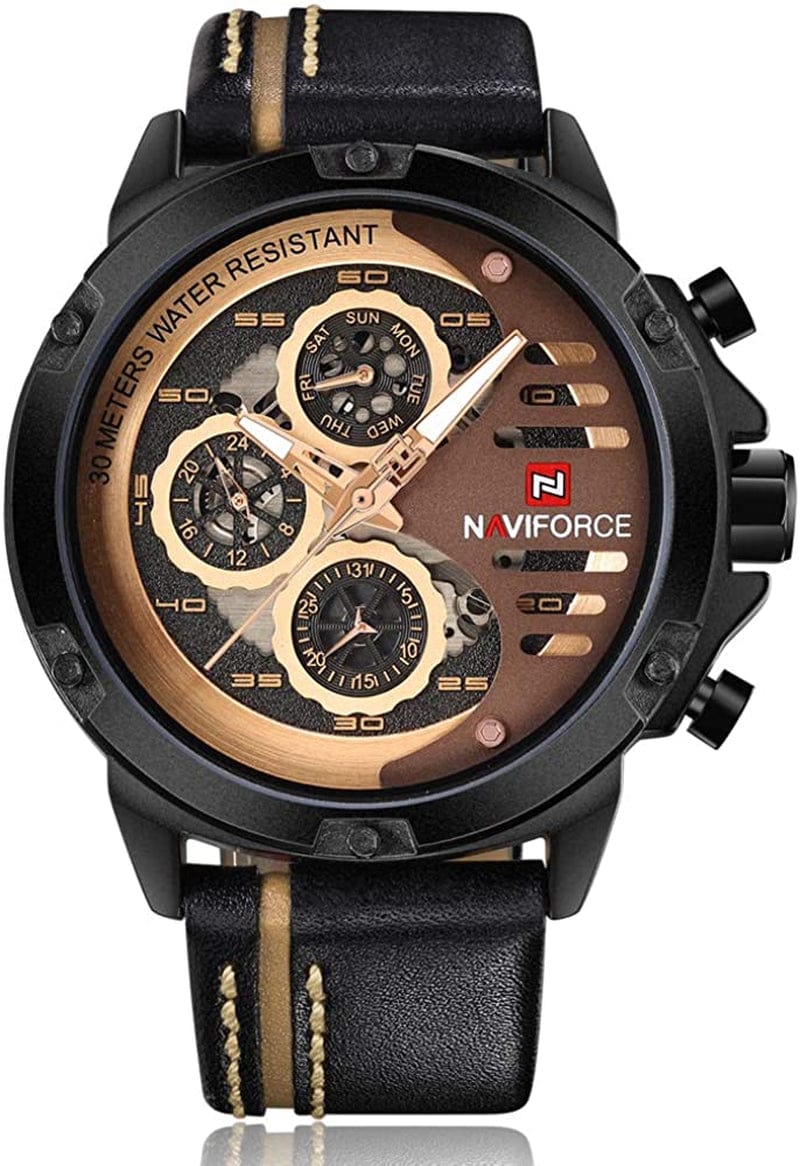 NAVIFORCE Sport Military Watches for Men Waterproof Watch Analog Quartz Leather Band Date Calendar Clock Wristwatch black+rose gold+brown