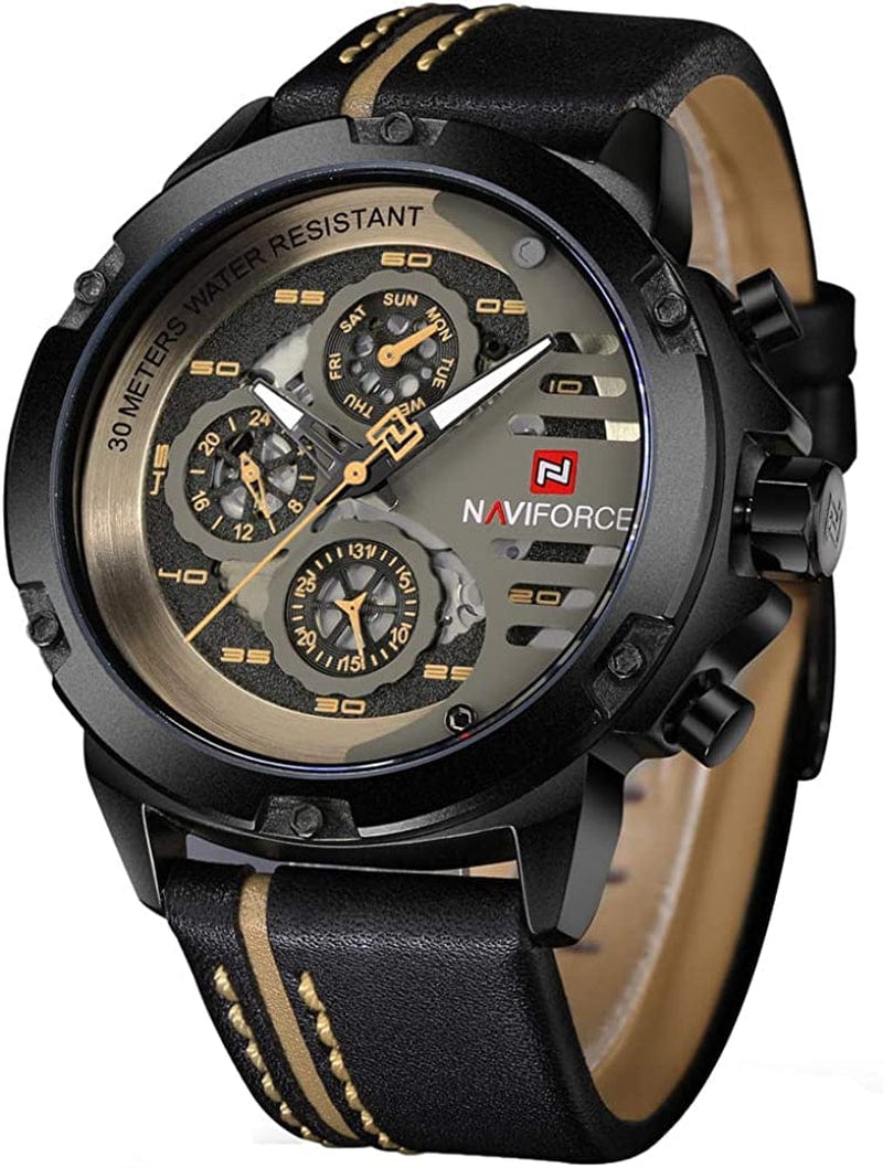 NAVIFORCE Sport Military Watches for Men Waterproof Watch Analog Quartz Leather Band Date Calendar Clock Wristwatch black+yellow+brown