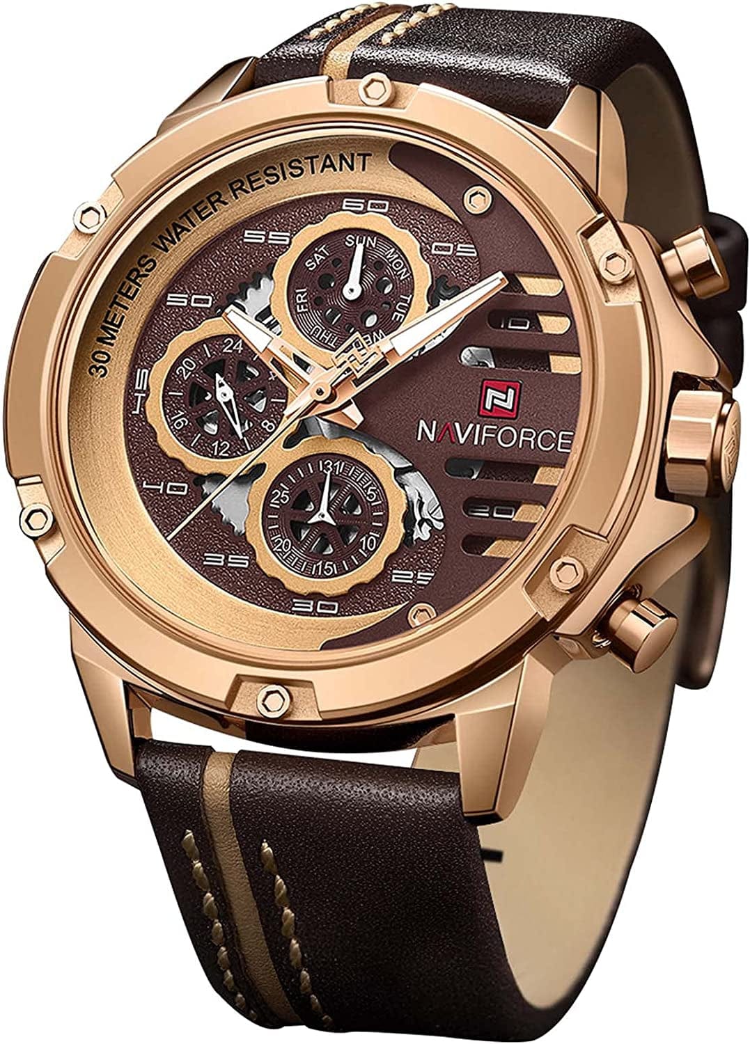 NAVIFORCE Sport Military Watches for Men Waterproof Watch Analog Quartz Leather Band Date Calendar Clock Wristwatch rose gold+coffee+brown