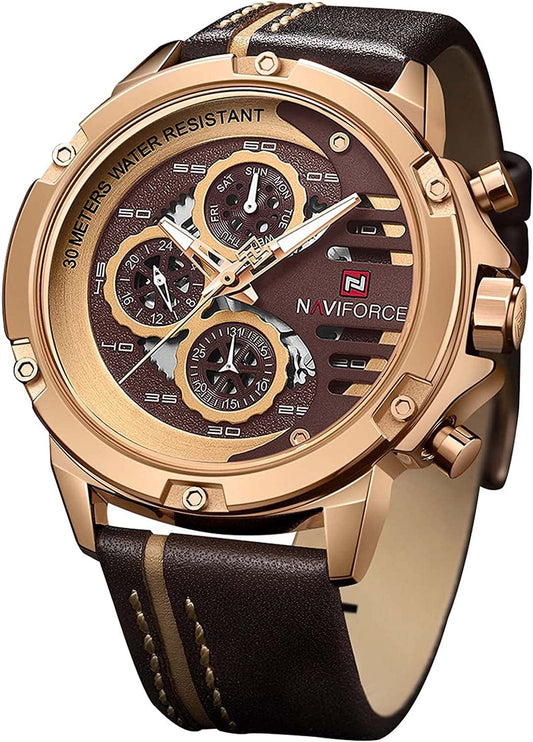 NAVIFORCE Sport Military Watches for Men Waterproof Watch Analog Quartz Leather Band Date Calendar Clock Wristwatch rose gold+coffee+brown