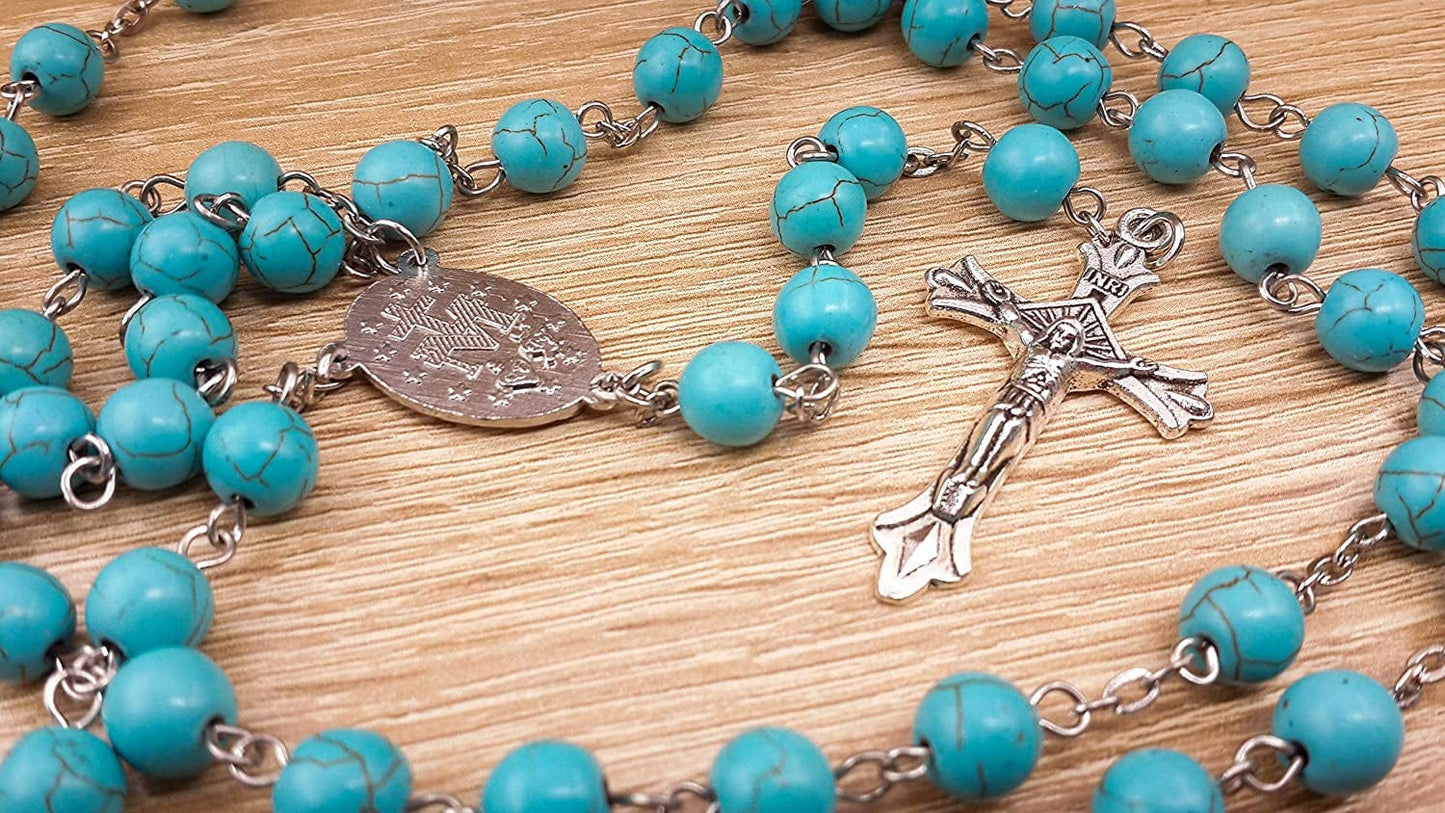 Nazareth Store Sky Blue Marble Stone Beads Rosary Turquoise Beaded Necklace Catholic Miraculous Medal & Jesus Cross