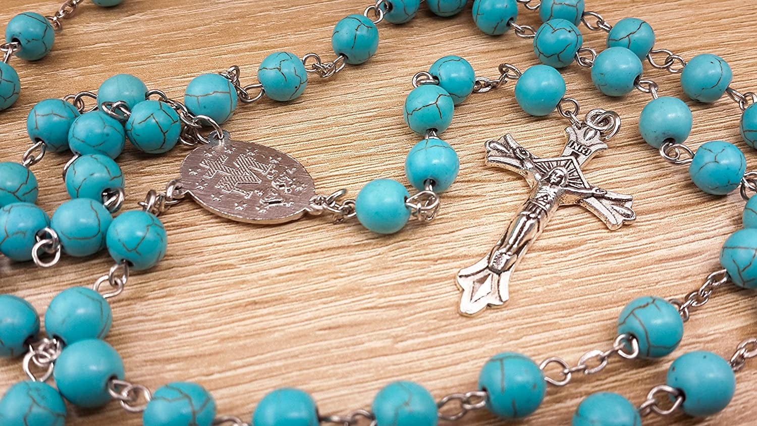 Nazareth Store Sky Blue Marble Stone Beads Rosary Turquoise Beaded Necklace Catholic Miraculous Medal & Jesus Cross