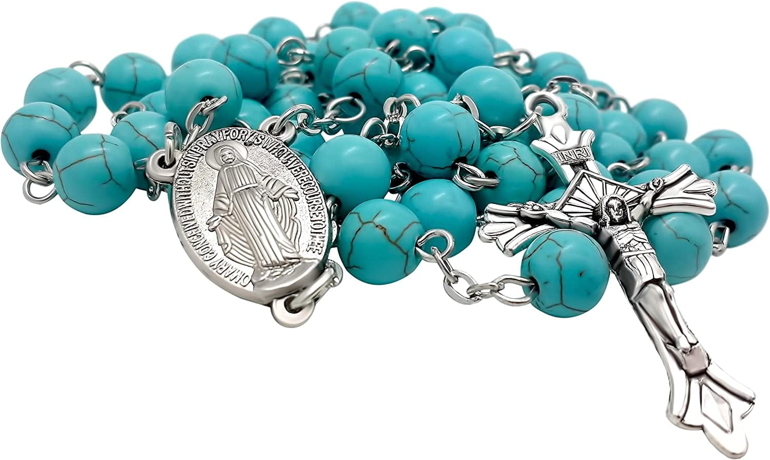 Nazareth Store Sky Blue Marble Stone Beads Rosary Turquoise Beaded Necklace Catholic Miraculous Medal & Jesus Cross