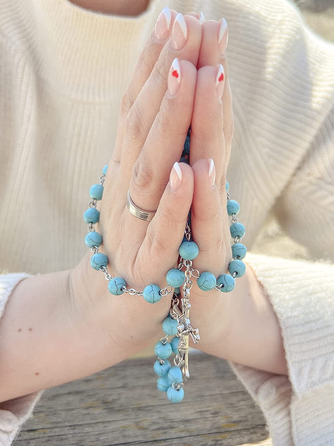 Nazareth Store Sky Blue Marble Stone Beads Rosary Turquoise Beaded Necklace Catholic Miraculous Medal & Jesus Cross