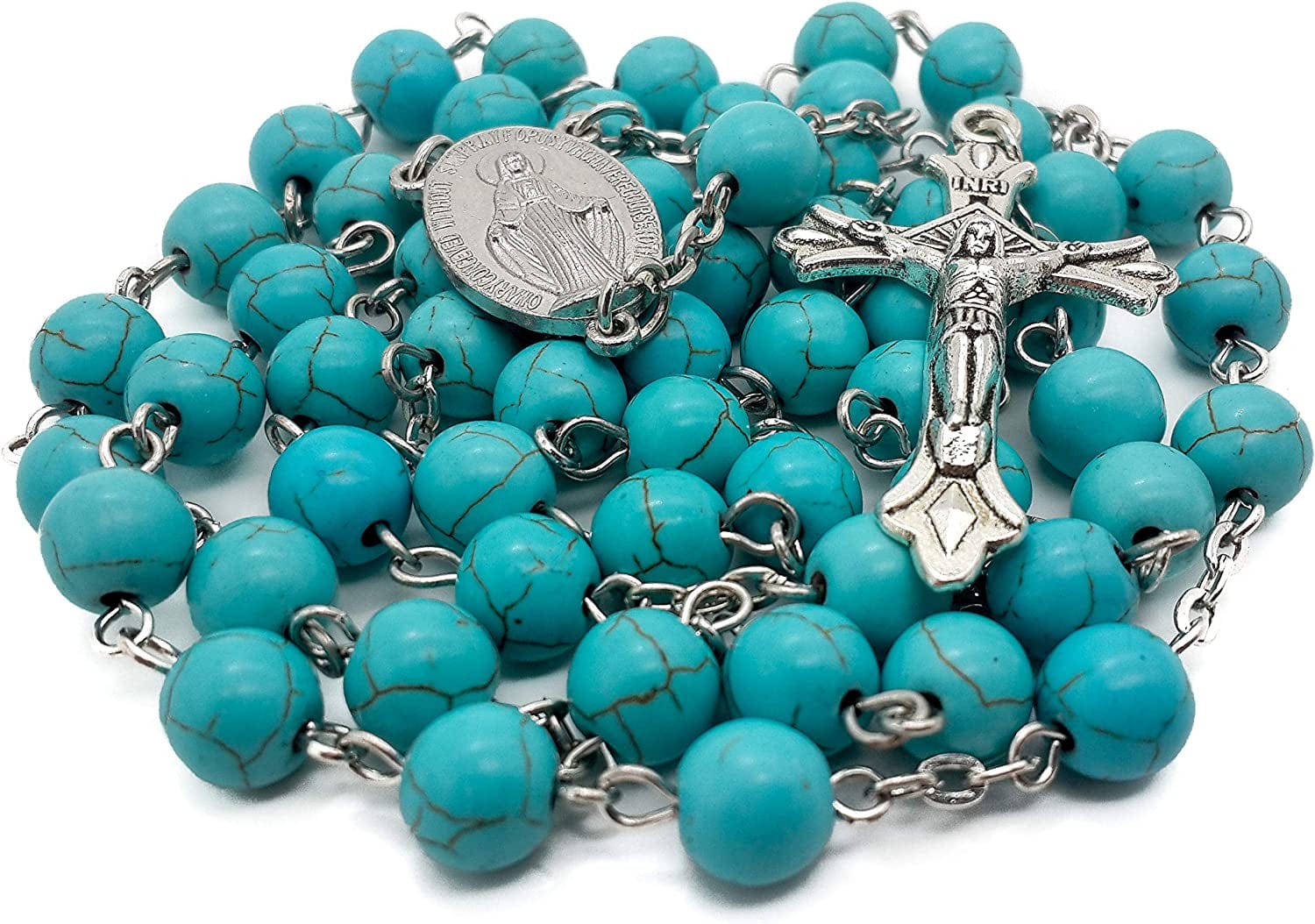 Nazareth Store Sky Blue Marble Stone Beads Rosary Turquoise Beaded Necklace Catholic Miraculous Medal & Jesus Cross