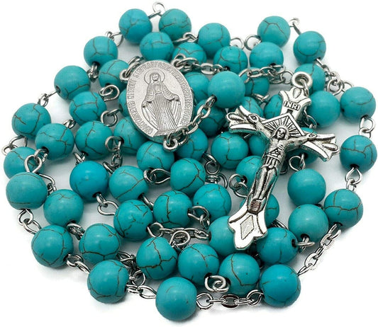 Nazareth Store Sky Blue Marble Stone Beads Rosary Turquoise Beaded Necklace Catholic Miraculous Medal & Jesus Cross