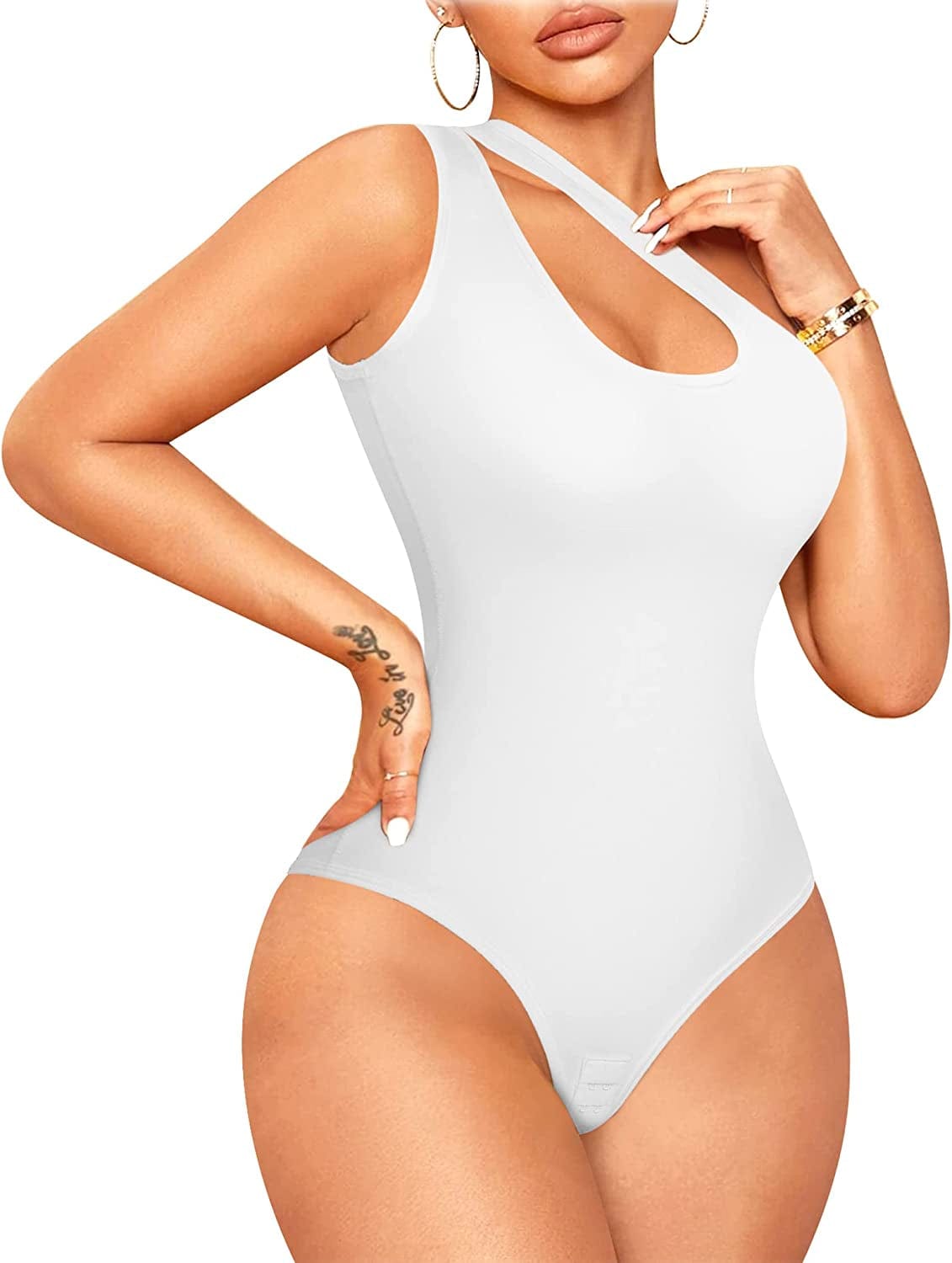 Nebility Shapewear Bodysuit for Women Sexy One Shoulder Cutout Backless Sleeveless Tank Top Thong Jumpsuit Body Shaper White / 3X-Large