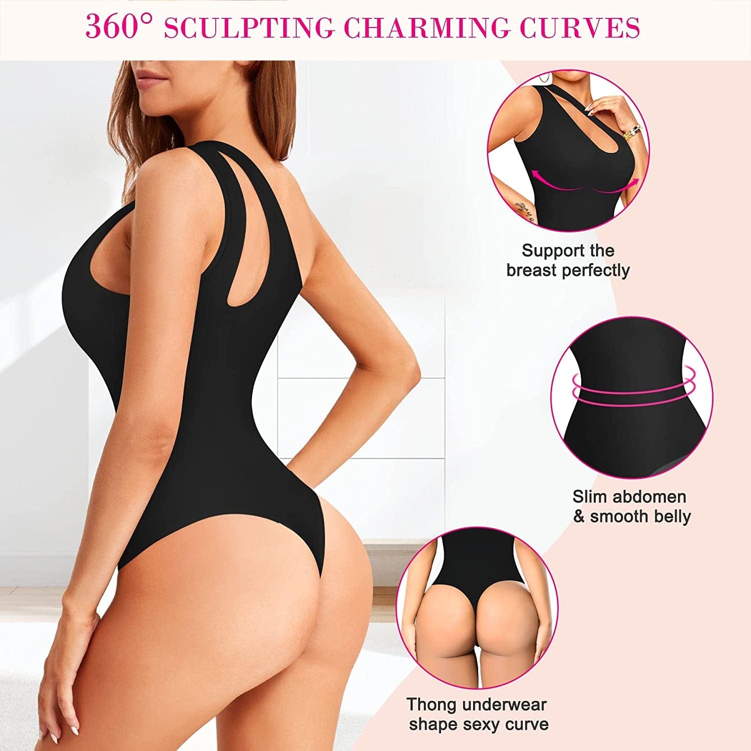 Nebility Shapewear Bodysuit for Women Sexy One Shoulder Cutout Backless Sleeveless Tank Top Thong Jumpsuit Body Shaper