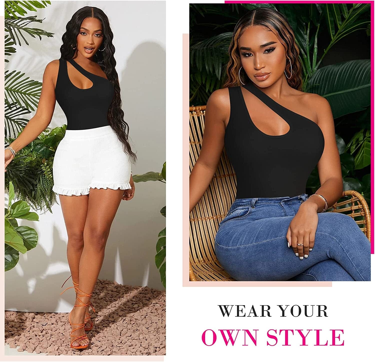 Nebility Shapewear Bodysuit for Women Sexy One Shoulder Cutout Backless Sleeveless Tank Top Thong Jumpsuit Body Shaper