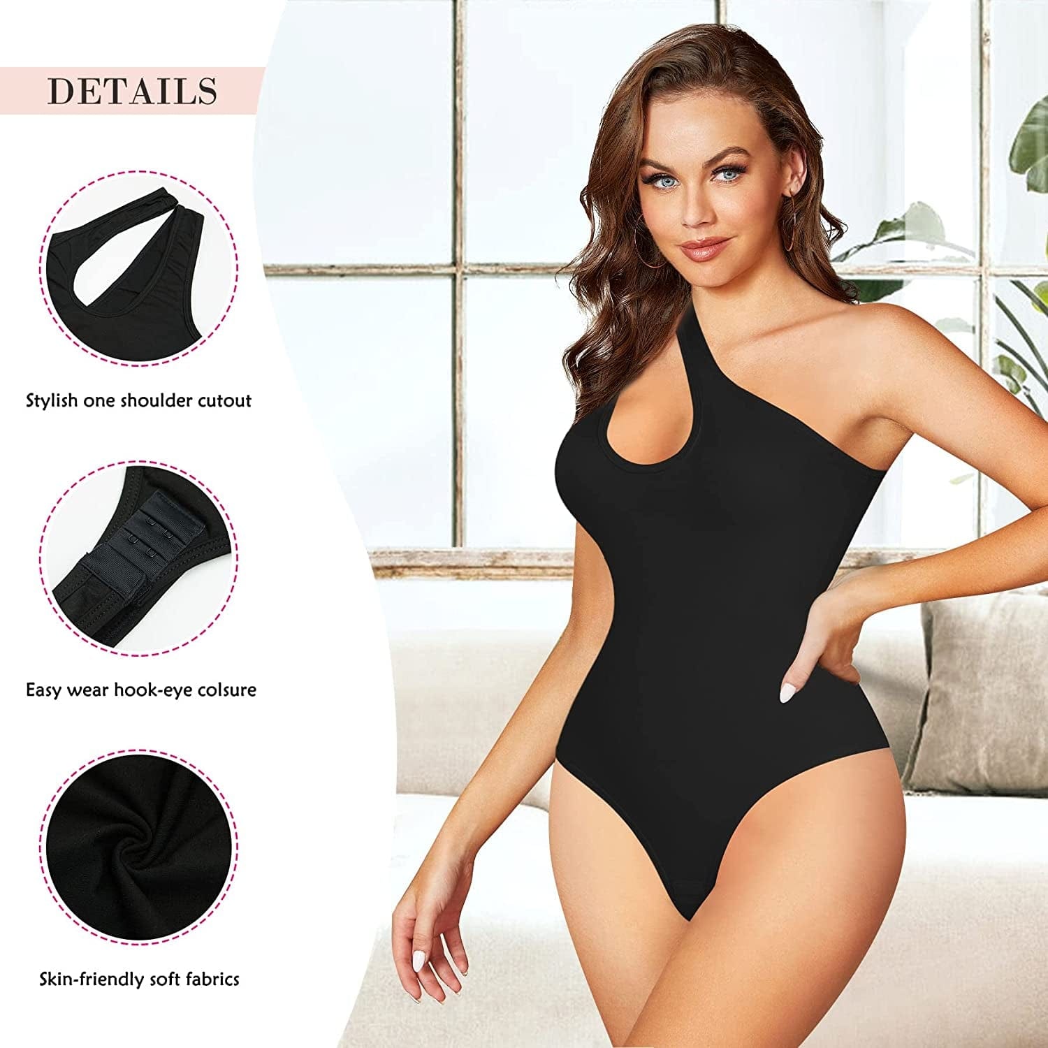 Nebility Shapewear Bodysuit for Women Sexy One Shoulder Cutout Backless Sleeveless Tank Top Thong Jumpsuit Body Shaper